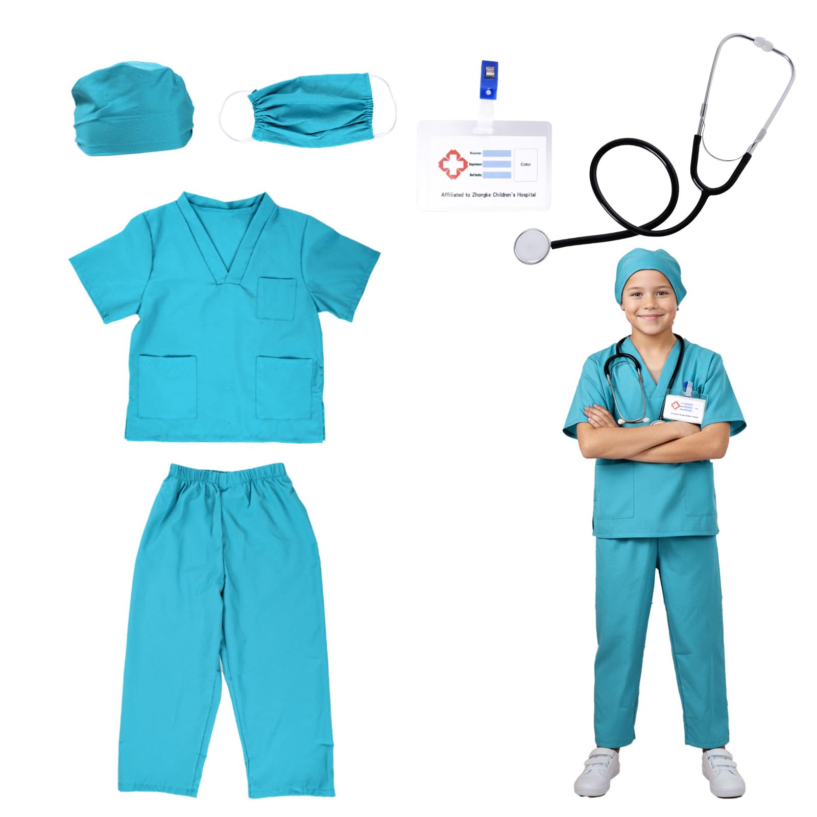 ASFWAGQ Doctor Costume for Kids Nurse Peels with Accessories Halloween Cosplay Dress-up Doctor Play Set for Boys and Girls (Green, XL)