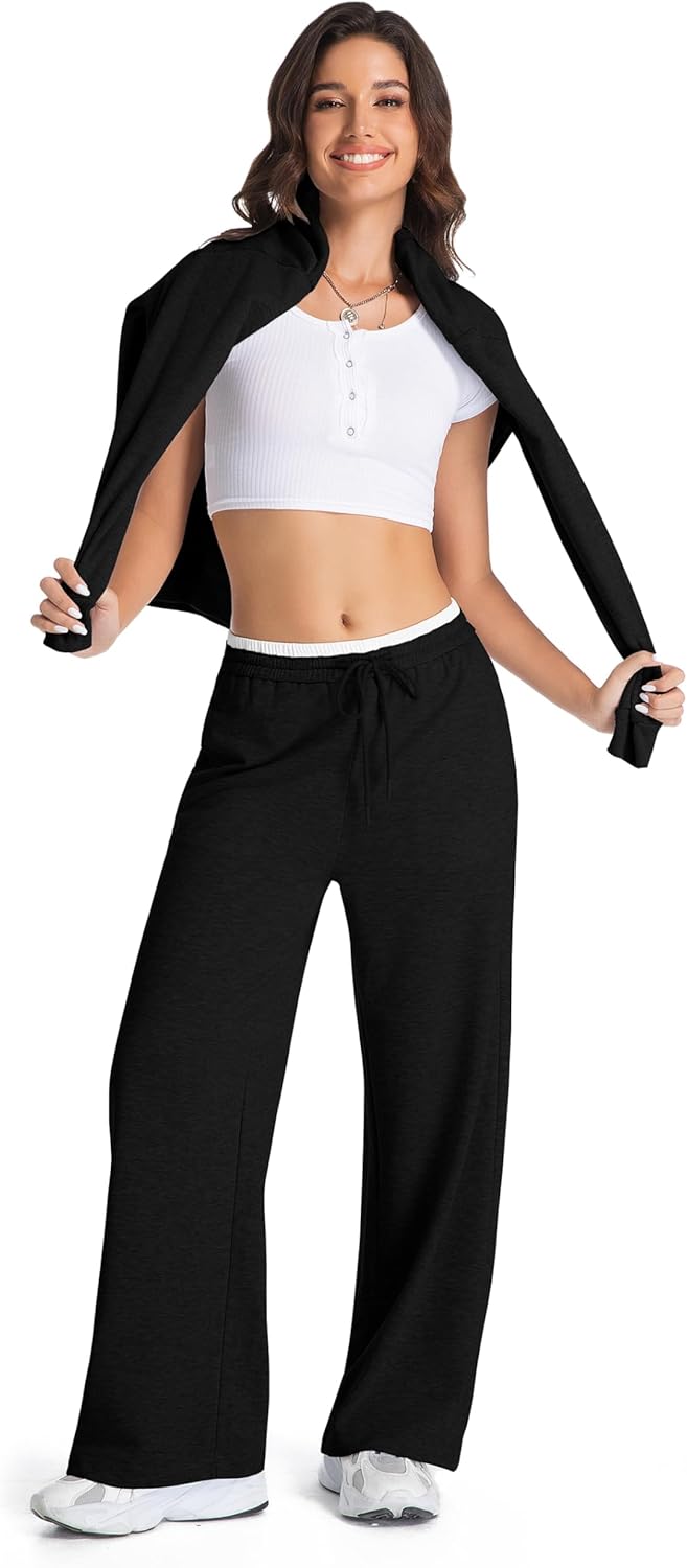 Womens Sweatpants Mid Waist Drawstring Baggy Wide Leg Pants Casual Trousers Jogger Pants with Pocket - Image 3