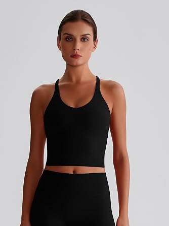 ABOCIW Womens Cross Back Workout Tank Tops with Bulit in Bra V Neck Longline Sports Bra Gym Athletic Yoga Pilates Tops