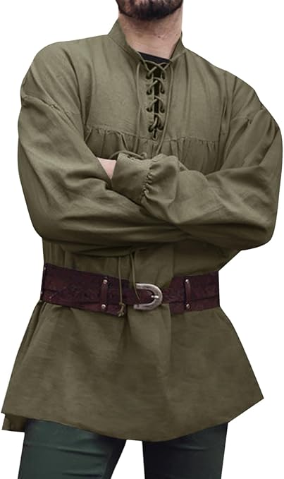 Runcati Mens Medieval Pirate Shirt Steampunk Viking Renaissance Long Sleeve Lace Up Scottish Halloween Costume Tops