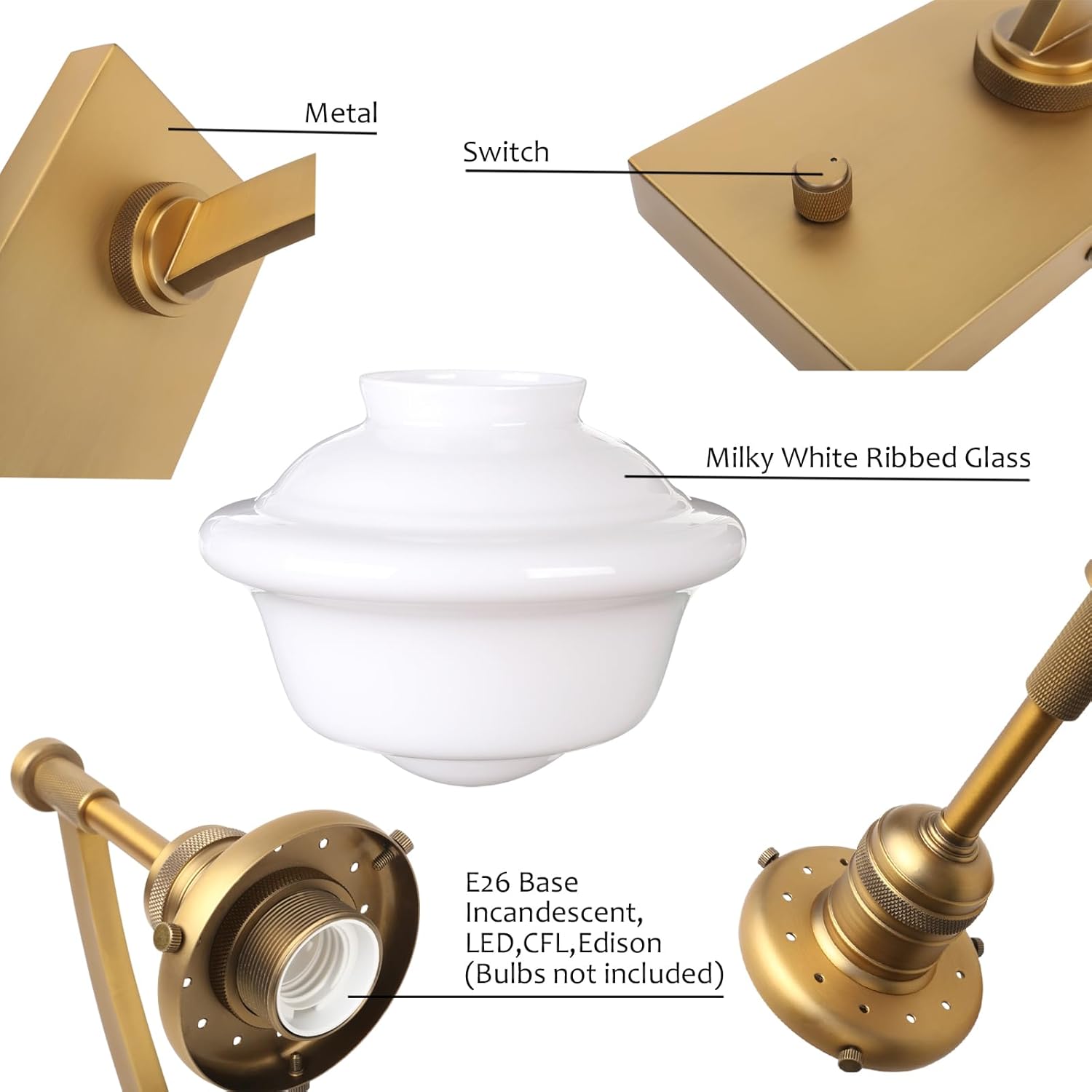 Pathson Vintage Milk White Wall Sconce, On Off Switch Design, Hardwired Glass Bathroom Vanity Light Fixture, Modern Mid-Century Wall Lamp for Mirror Living Room Farmhouse Bedside Lighting