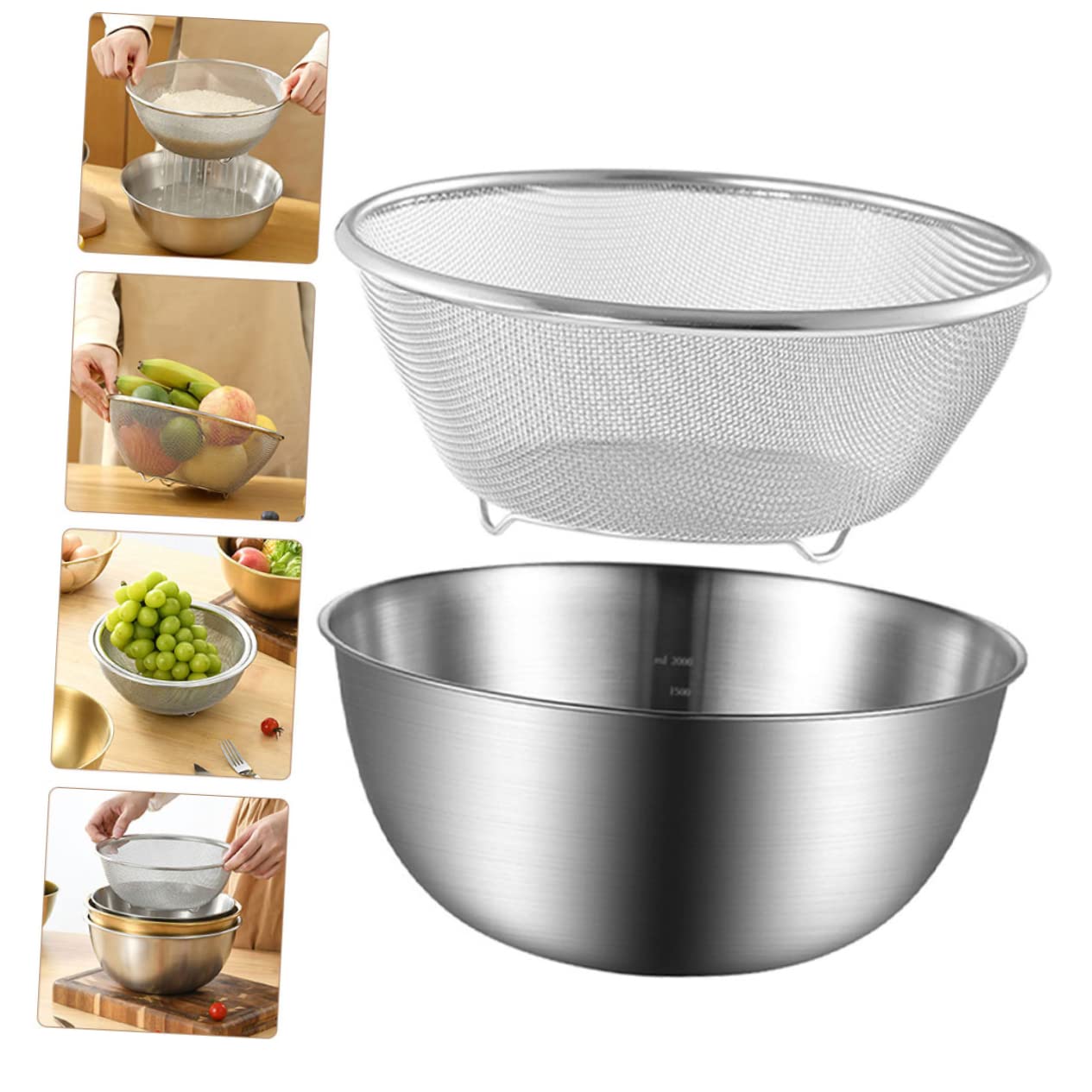 Juego de Colador de Acero Inoxidable para Cocina, 2 Piezas | Malla Fina, Base Plana y Drenaje Estable, Apto para Verduras y Huevos, Acabado Plata