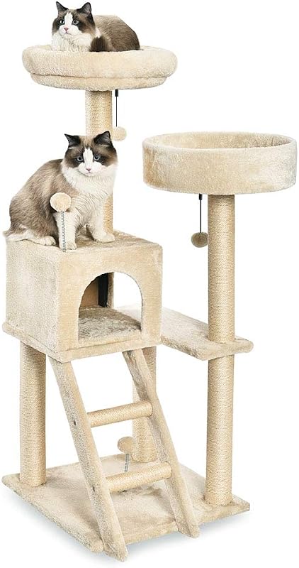 Amazon Basics Rascador para Gatos, Tamaño Grande, con Dos Plataformas y Caseta, 127 cm de Altura, Varios Niveles, Color Beige