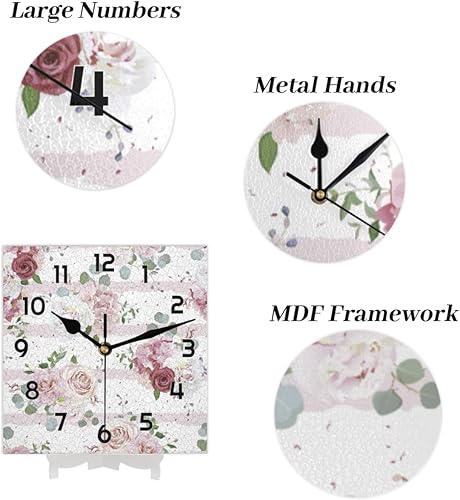 Miniatura 3 de POFATO Reloj de pared con diseño de plantas de rosas de tinta rosa, silencioso, cuadrado, funciona con pilas, decoración moderna del hogar para sala
