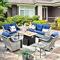 weaxty W Patio Furniture Set,6 Pieces Wicker Patio Furnitures with Outdoor Loveseat,Double-Deck Fire Pit Table,Swivel Rocking Chairs,All Weather Patio Conversation Sets,Navy Blue