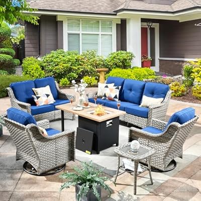weaxty W Patio Furniture Set,6 Pieces Wicker Patio Furnitures with Outdoor Loveseat,Double-Deck Fire Pit Table,Swivel Rocking Chairs,All Weather Patio Conversation Sets,Navy Blue