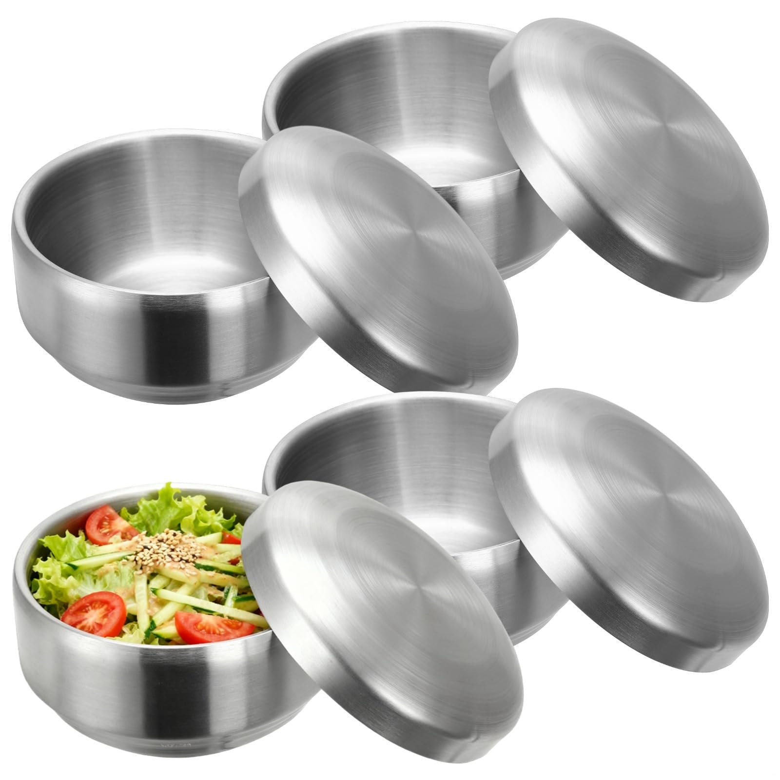 4-teiliges Servierschüssel-Set, 12,4 cm, Edelstahl, koreanische Reis-Suppenschüssel mit Deckel, doppelwandige, isolierte Salatschüsseln für Restaurant, Zuhause