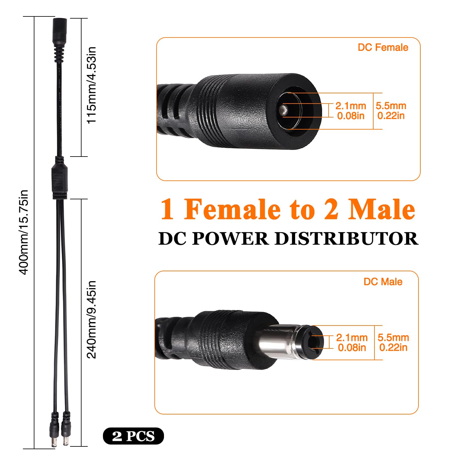 KUOQI 2 Pezzi 5.5x2.1 mm 5-24 V 1 Femmina a 2 Maschi Cavo Splitter DC, Cavo Splitter di Alimentazione DC a 2 Vie per Telecamere CCTV