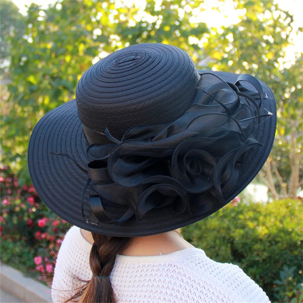 Organza Flower Wedding Cap Round Top Large Brim Hat Fashion Hat Female