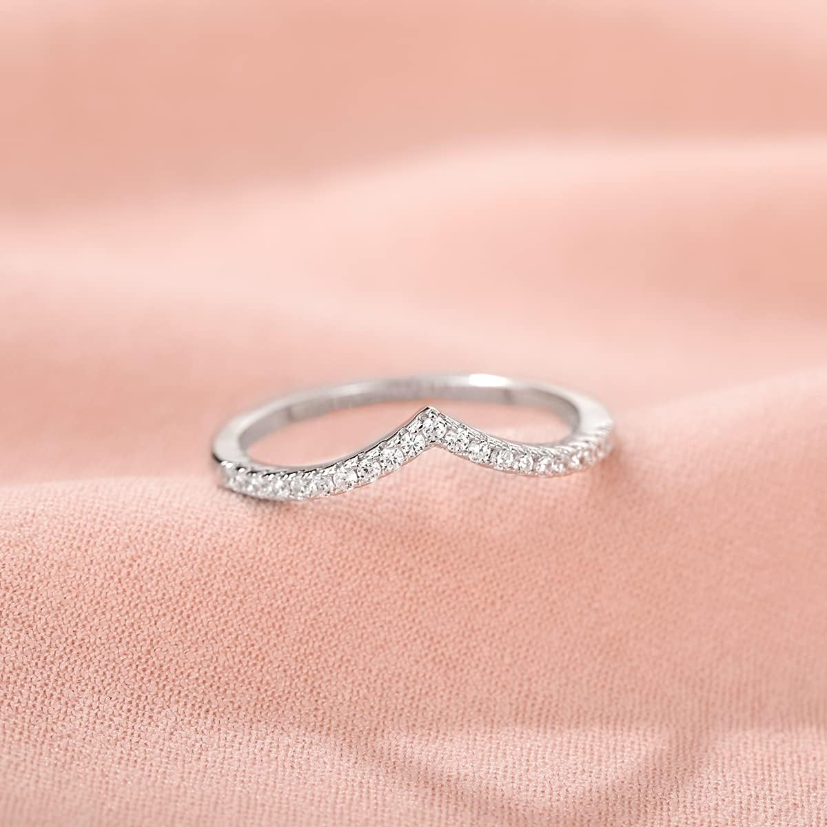 925 Sterling Silver Rings for Women Ladies Wedding Band V Shaped Heatbeat Pattern Cubic Zirconia Engagement Eternity Ring Thin Stackable Comfort Fit Size 4-12