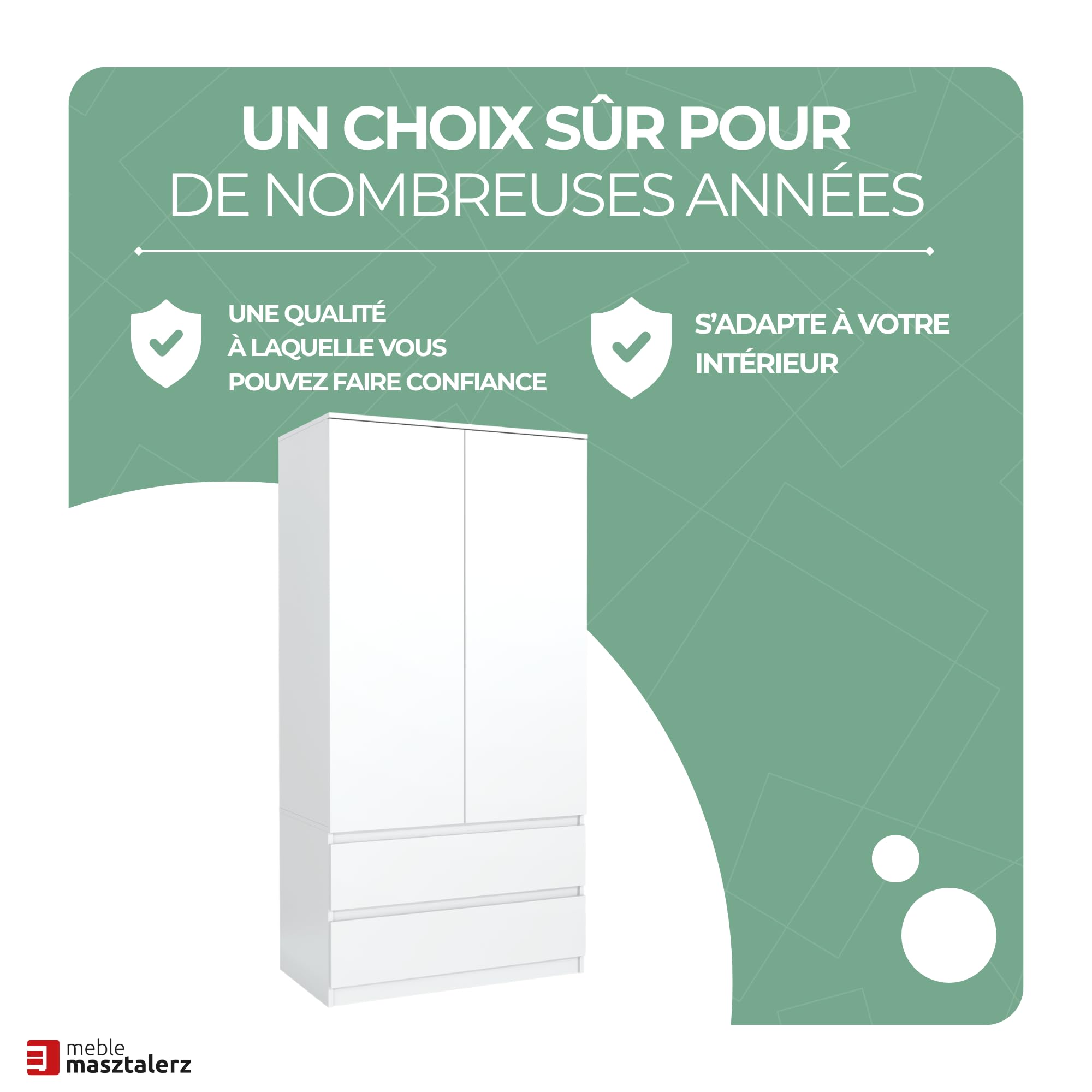 meble masztalerz Armoire Chambre avec 2 Tiroirs Largeur 90 cm - Penderie Vetement Dressing - Dressing Chambre Adulte - Meuble de Rangement Chambre - Blanc - 180x90x50 cm