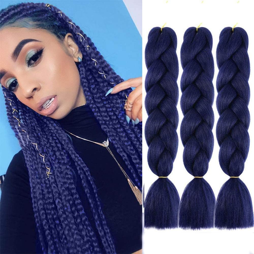 MYCHANSON Jumbo Braiding Hair Long Kanekalon Synthetic High Temperature Fiber African Twist Braids Hair Extensions (4pcs & Dark Blue)