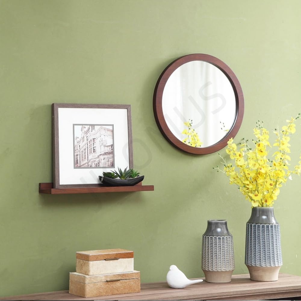 JICOMUS天然木製 壁掛けミラー 八角形・丸型 木枠フレーム HD 鏡面 飛散防止 化粧鏡 軽量 玄関・洗面・化粧・リビング・バ