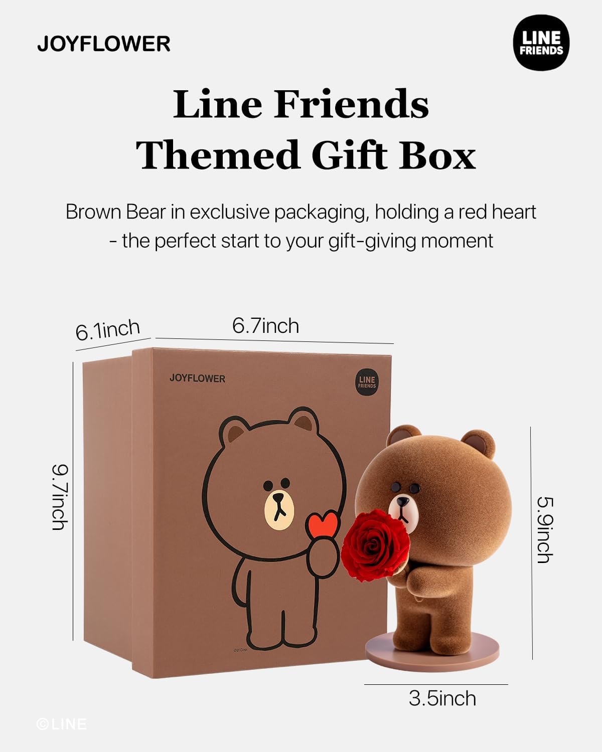 Line Friends Brown Bear Holding Preserved Flowers, Eternal Real Red Rose Romantic Gift with Elegant Gift Box for Girlfriend Wife Her in Valentine's Day, Birthday, Weddings, Anniversaries, Christmas - Image 6