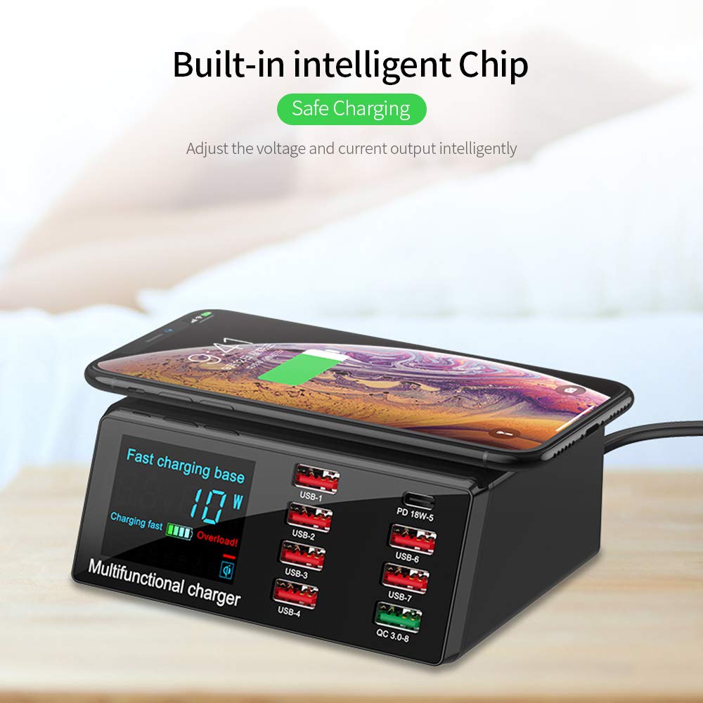 Irfora USB-Ladegerät,X9 8 Port Wireless USB Ladegerät Schnellladung PD + QC3.0 + USB Port Ladestation mit LED-Anzeige für Telefon/Laptop/Tablet EU-Stecker