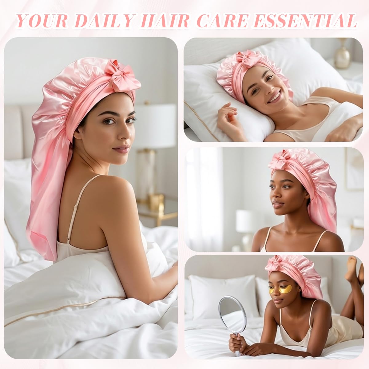 MAYCREATE® Satin Hair Cap for Sleeping Silk Bonnet Adjustable Long Hair Sleep Bonnet with Long Tie Ribbon, Sleep Cap for Curly Braids Extensions, Non Slip Night Bonnets (Pink) 4