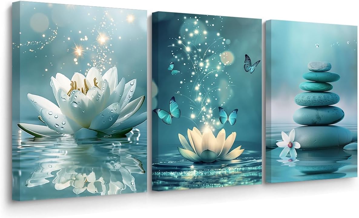 BJYCHG Zen Bathroom Picture for Walls Set of 3 Blossom Water Lily with Butterfly Picture Zen Stone Painting Teal Wall Decor for Yoga Spa Meditation Room Framed (Teal, 11x14inchx3 Pieces)