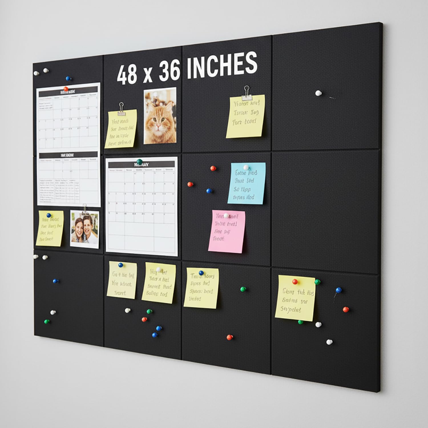 ArtzFolio Felt Bulletin Board Notice Pin Board | 12 Pieces | Self-Adhesive Soundproof Wall Tiles | Acoustic Foam Panels Combo with Push Pins & Sticky Notes | Black | 48 x 36 inch (122 x 91 cms)