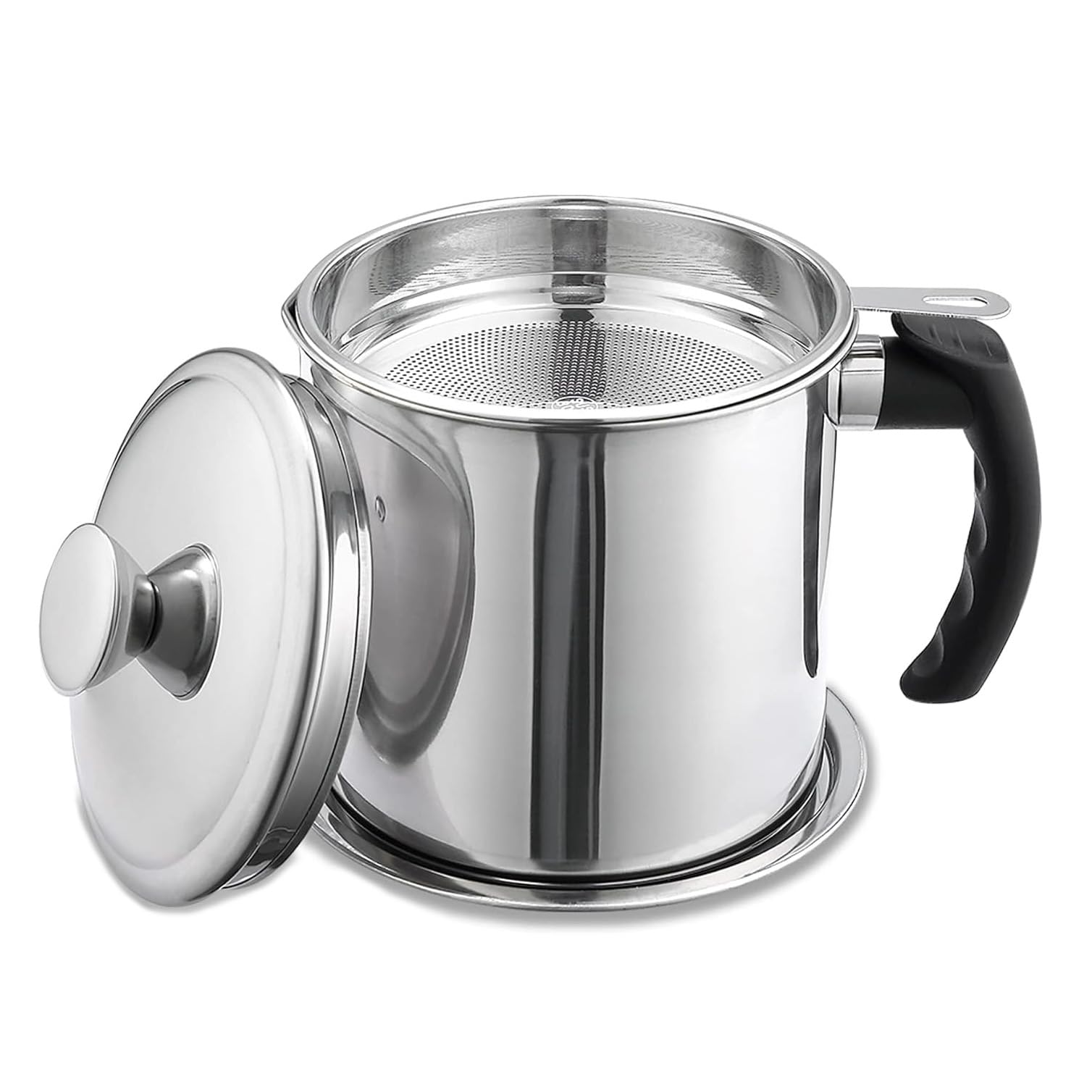 Grease Container with Fine Mesh Strainer kitchen oil storage tank pot (With base; with handle),10.2 x 10.2 x 7.6 centimeters,Silver