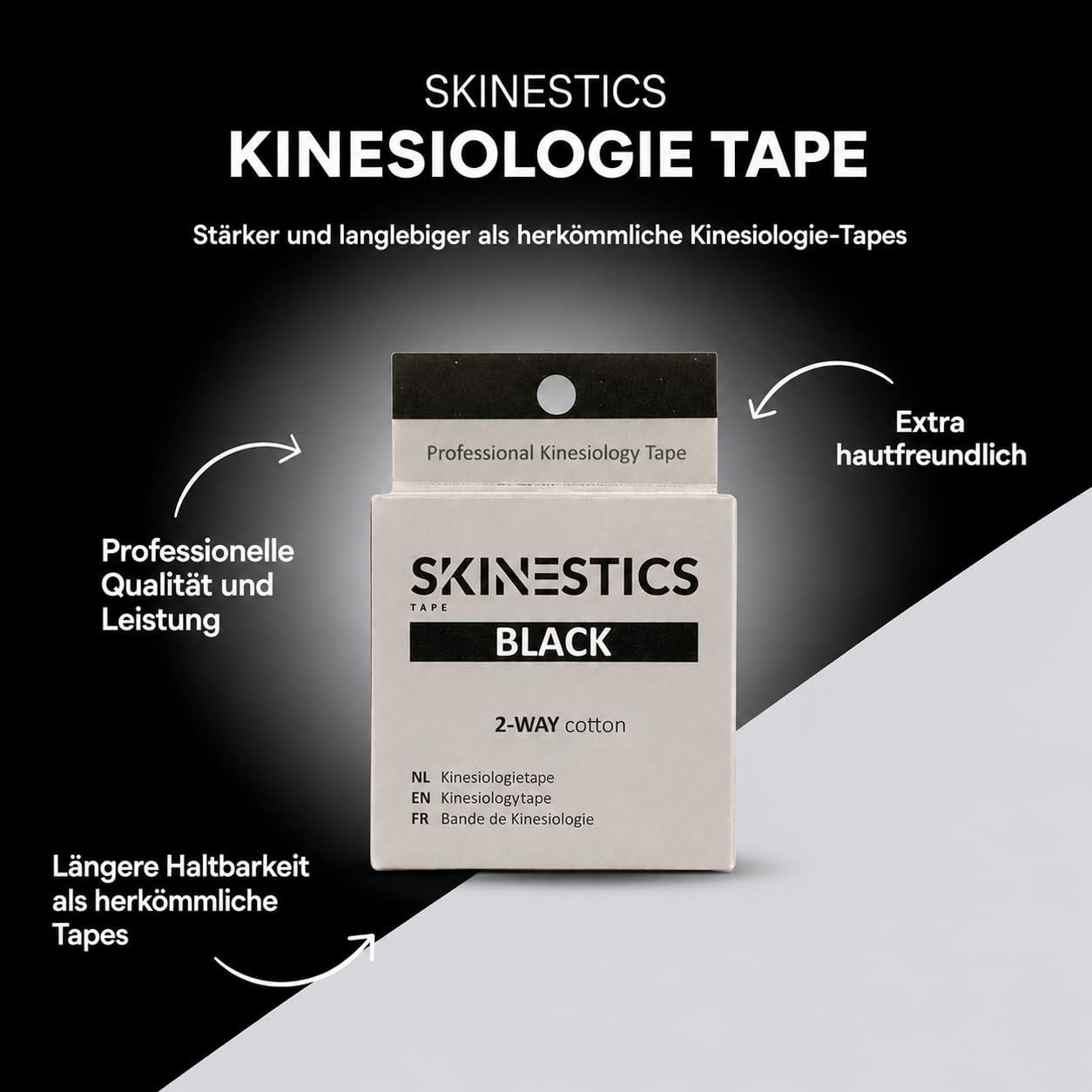 Skinestics | Kinesiologie Tape Schwarz | 3-Pack | 600cm x 5cm | Waterproof | Sportbandage & Medizinisches Kinesiotape | Knie, Fußball, Hallux Valgus, Tennisarm | Sport, Physio Tape, Cure Tape