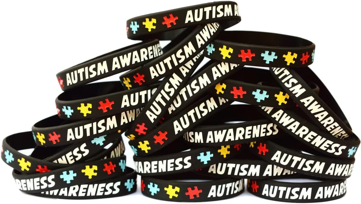 20 Black Autism Awareness Wristband Bracelets - Colorful Puzzle Pieces Silicone Bands