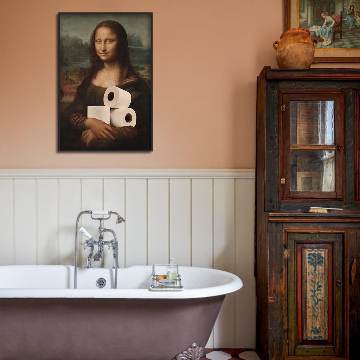 Anslipswar Funnyl Dipinto della Mona Lisa Arte da Parete su Tela per Bagno, Stampe Artistiche Umoristiche e Divertenti per WC, 30,5x40,6cm Incorniciato