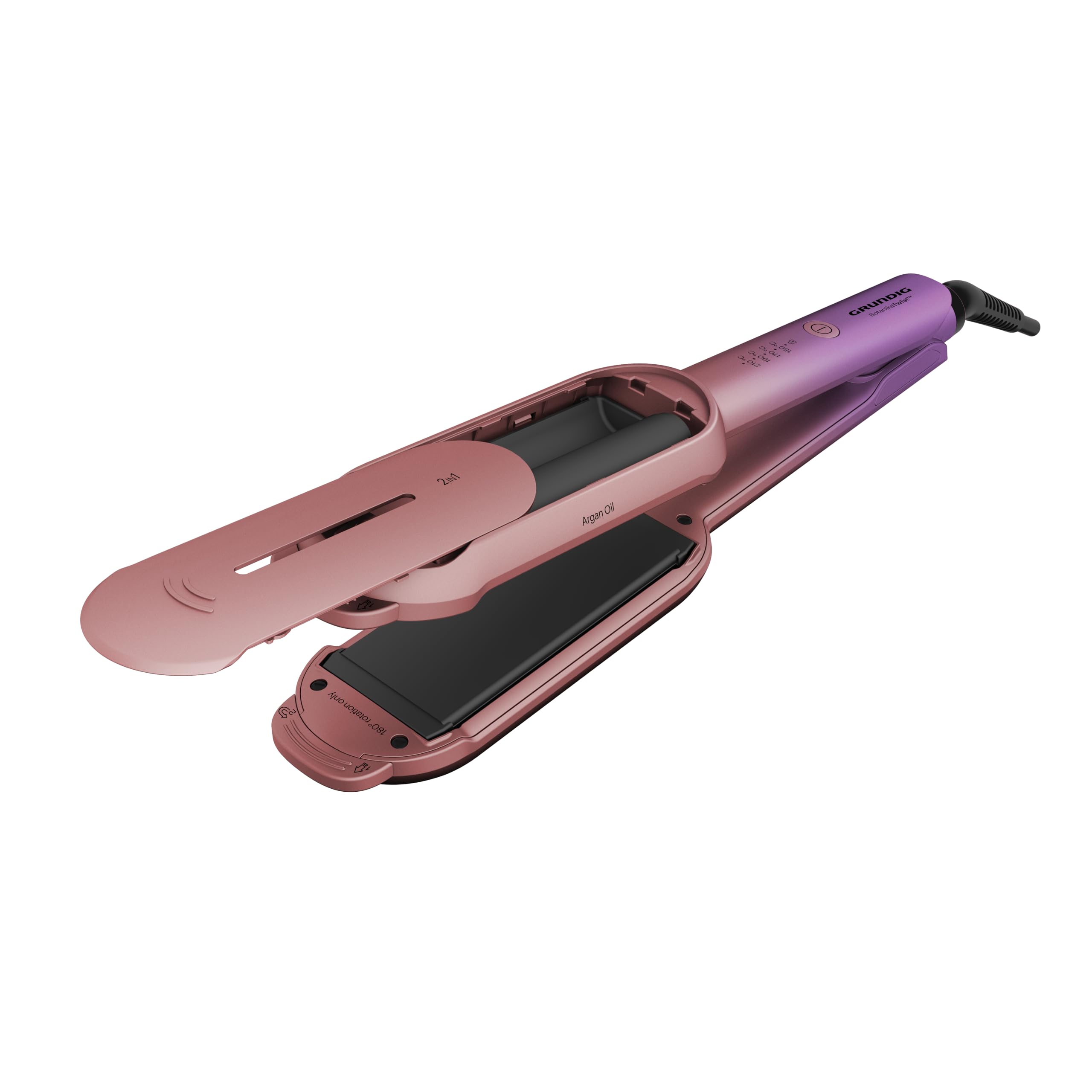 GRUNDIG HS 8331 BotanikaTwist 2 in 1 Hair Styler, piastre rotanti per lisciare e styling, tempo di riscaldamento rapido, regolabile da 150 °C a 210 °C, rivestimento in ceramica con olio di argan, rosa