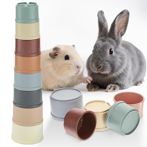 MEWTOGO 8 Pcs Stacking Cups for Small Animals - Multi-Colored Reusable Rabbits Bunny Toys of Different Sizes, Safe Plastic Nesting Toys for Guinea Pig Hamster Gifts Hiding Food and Playing - Pastel