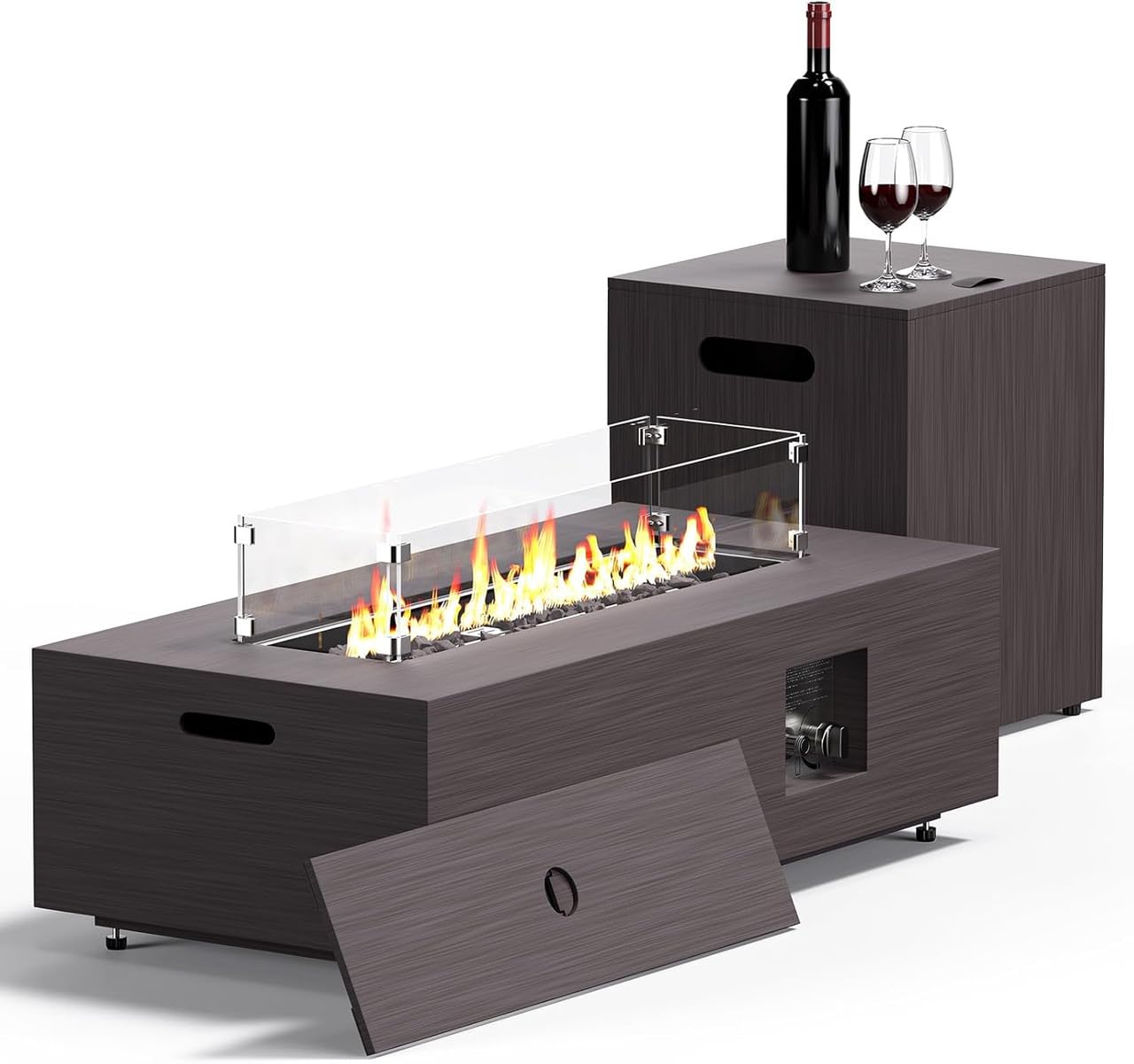 42” Rectangular Fire Pit Tables 2-Piece 50,000 BTU Outdoor Propane Gas Fire Pit with Wind Guard, Waterproof Cover, Lava Rocks for Outside Patio Backyard