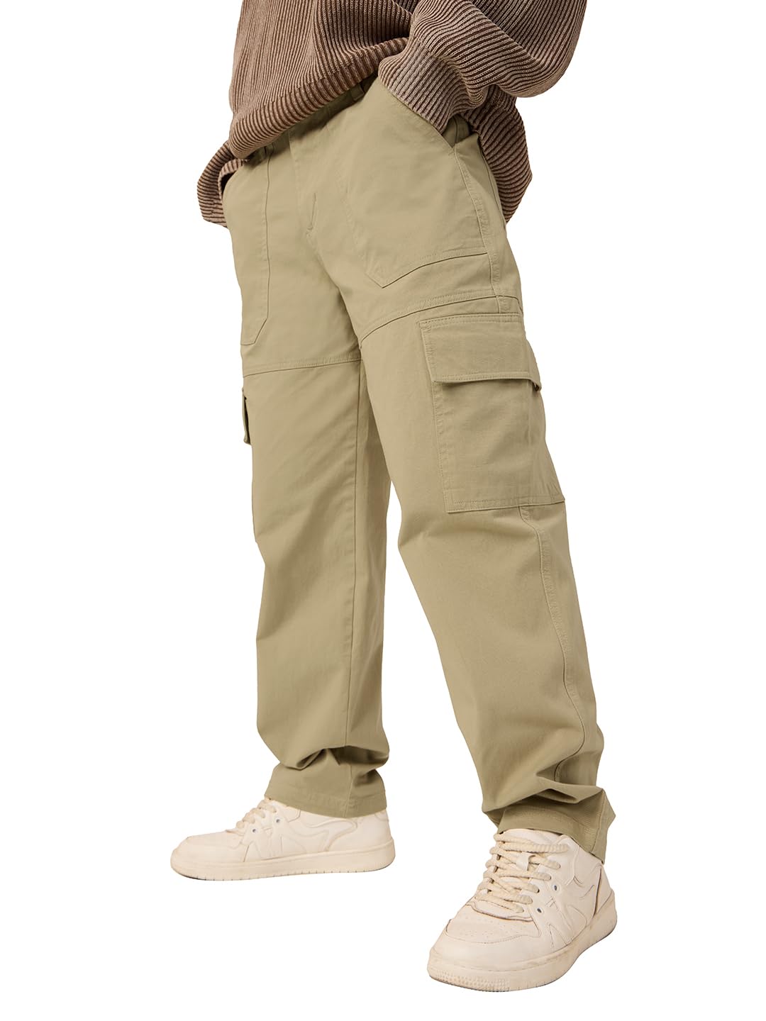 the souled store Solids: Khaki Men and Boys Buttoned Cotton Blend Straight Fit Cargo Pants-picture-31