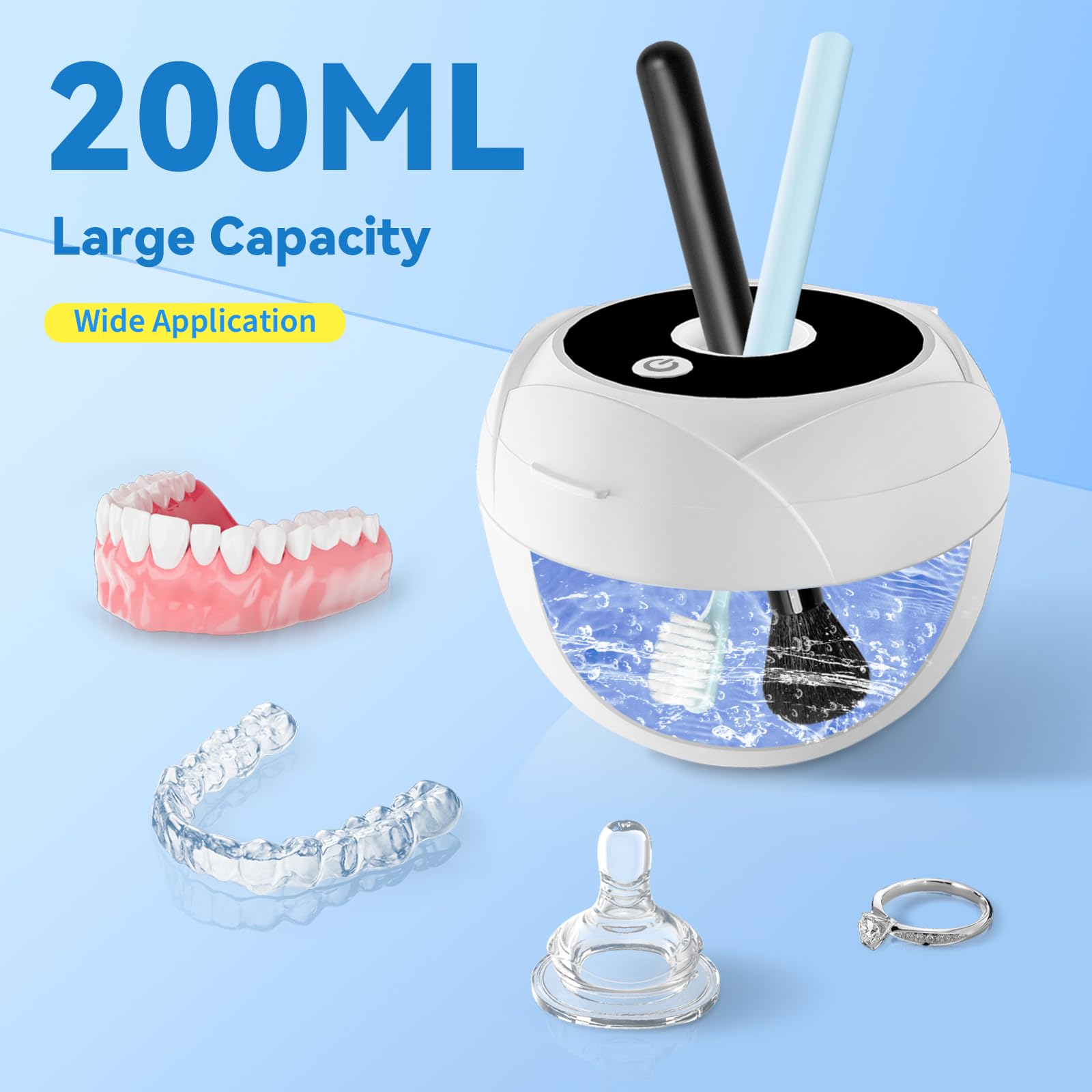 Máquina de limpieza ultrasónica de 45 kHz para limpiador de prótesis dentales 200 ml, protectores bucales, alineador, protector nocturno, cepillo de dientes, joyería, 4 modos de