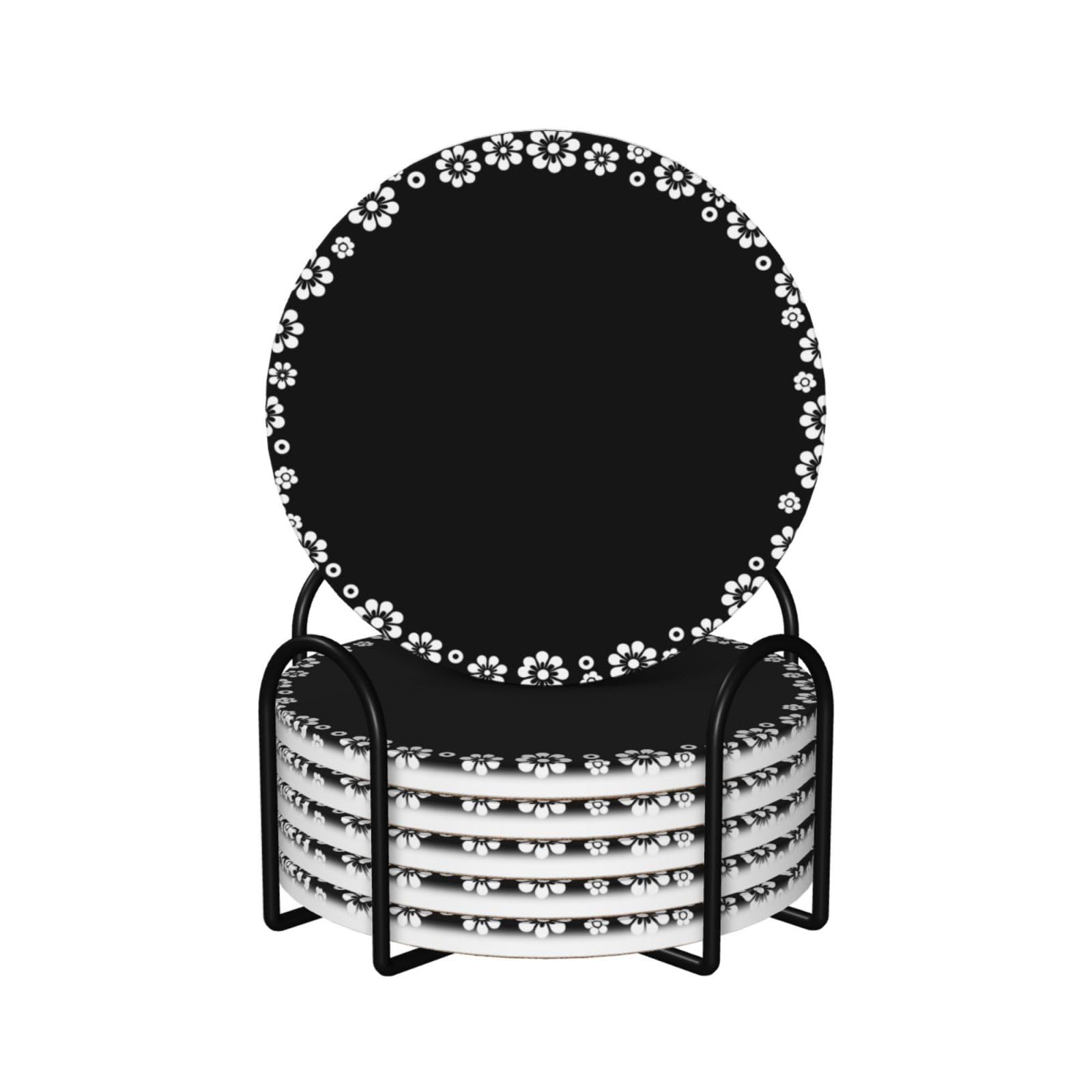 White Flowers Circle On Black Ceramic Coasters with Holder 6ps