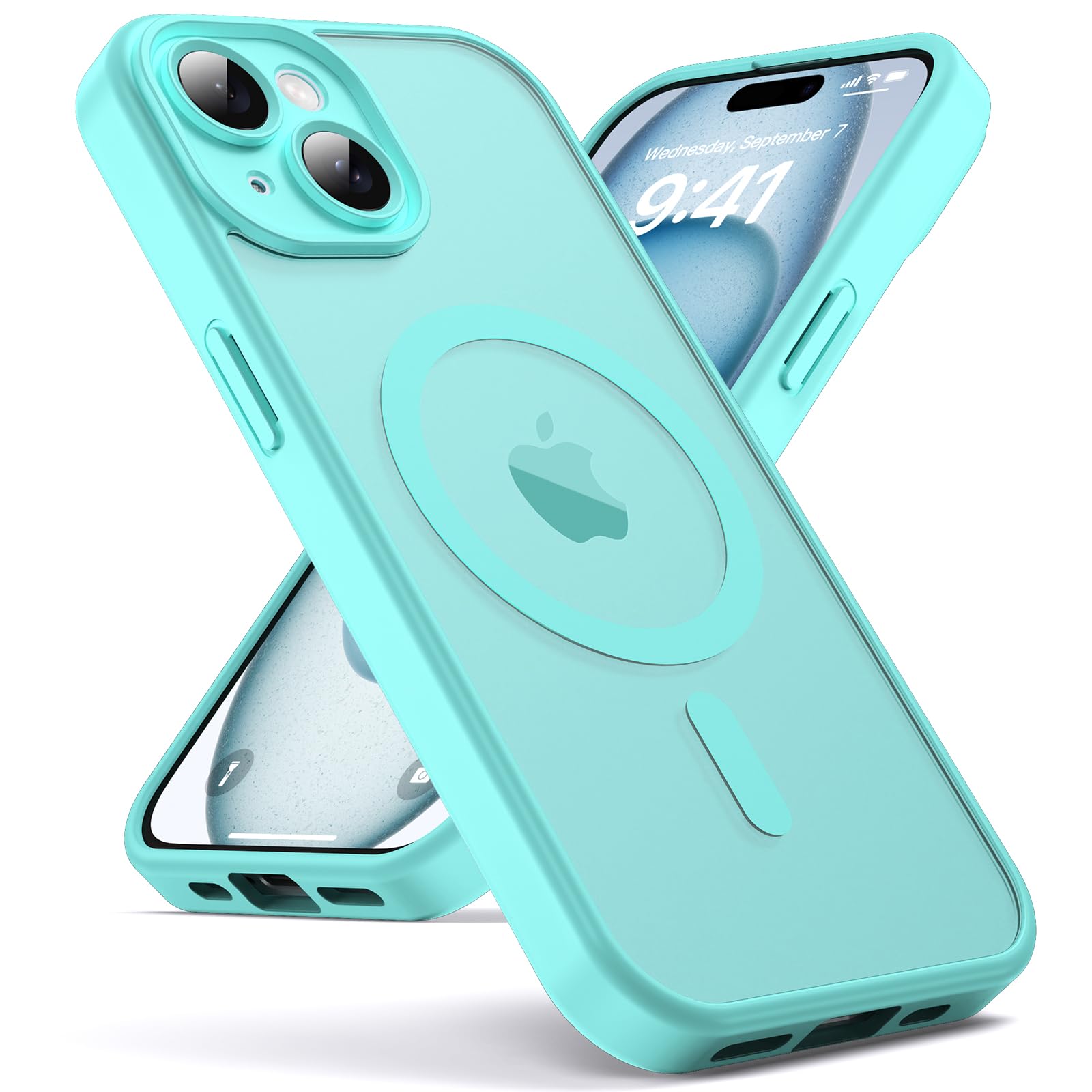 for iPhone 15 case, MagSafe Compatible, Camera Protection, Magnetic Translucent Matte Film case, Military Grade (Turquoise)