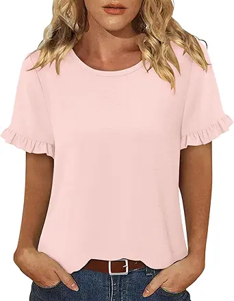 CRAZY GRID Women's Shirts Summer Casual Crewneck Ruffle Short Sleeve Blouses Cute Floral Print Tunic Tops