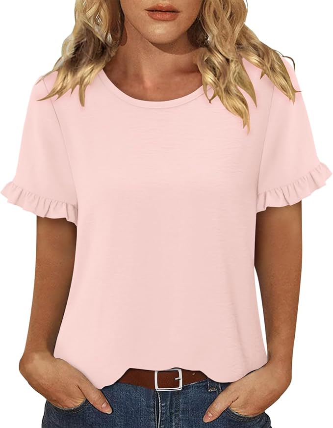 CRAZY GRID Women's Shirts Summer Casual Crewneck Ruffle Short Sleeve Blouses Cute Floral Print Tunic Tops