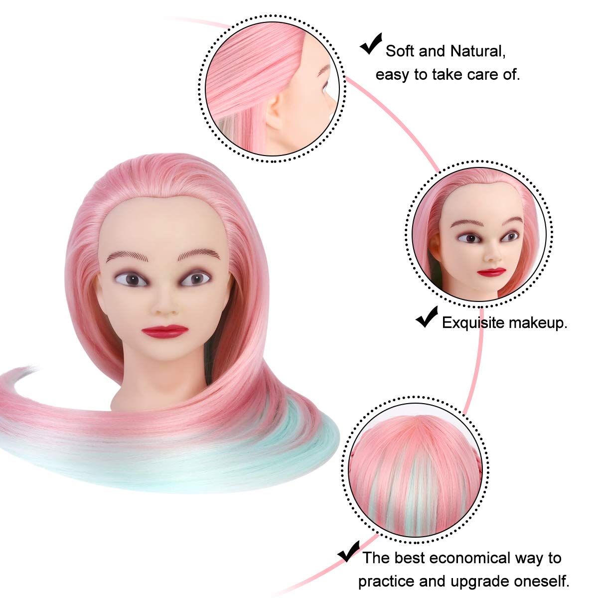 TwoWin Testina Parrucchiere con Capelli Sintetici - 28 Pollici /71 cm Manichino per Formazione Acconciature con Morsetto e Kit Extension (Rosa/Verde) - 4
