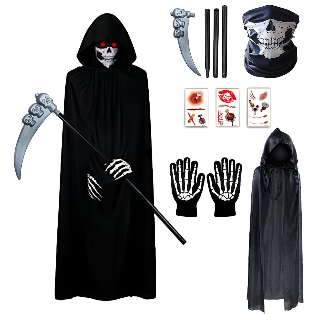 HTGWCG Grim Reaper Halloween Costume Set, 5 Pcs Skeleton Halloween Costumes Horror Robe With Scythe Prop, Gloves, Facewear