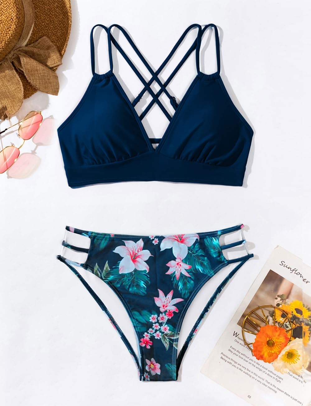 Tainehs Women's Push Up V Neck Bikini Sets Criss Cross Back Two Piece Bathing Suit - Image 3