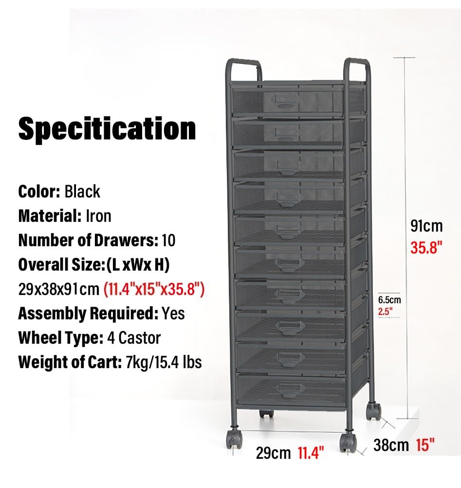 Carro archivador rodante de alta capacidad con 10 cajones de malla metálica para arte y manualidades con ruedas para almacenamiento en la oficina y el hogar, color negro, 29 x 38 x 91 cm