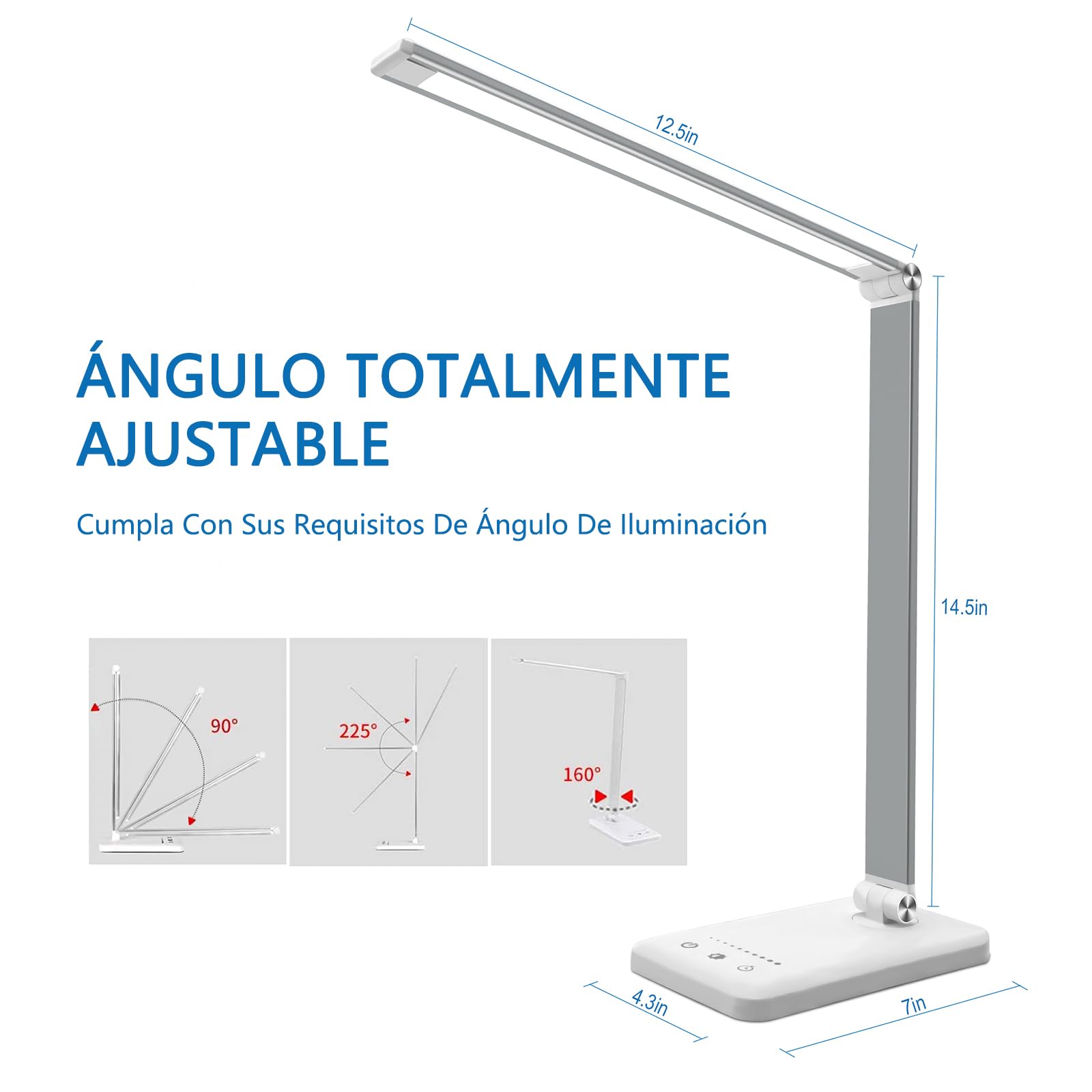 Lámpara Escritorio LED,5 * 10 Modos de Brillo con 52 SMD Leds Lámparas Mesa USB Recargable,2000mAh Plegable Flexo de Escritorio Control Táctil,Protege a ojos