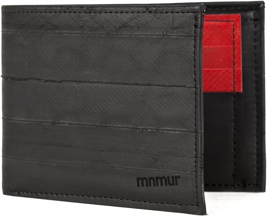 Classic bifold men's wallet with red credit card holder // Made from recycled inner bicycle tubes // Small and pocket-size // Handmade in Italy