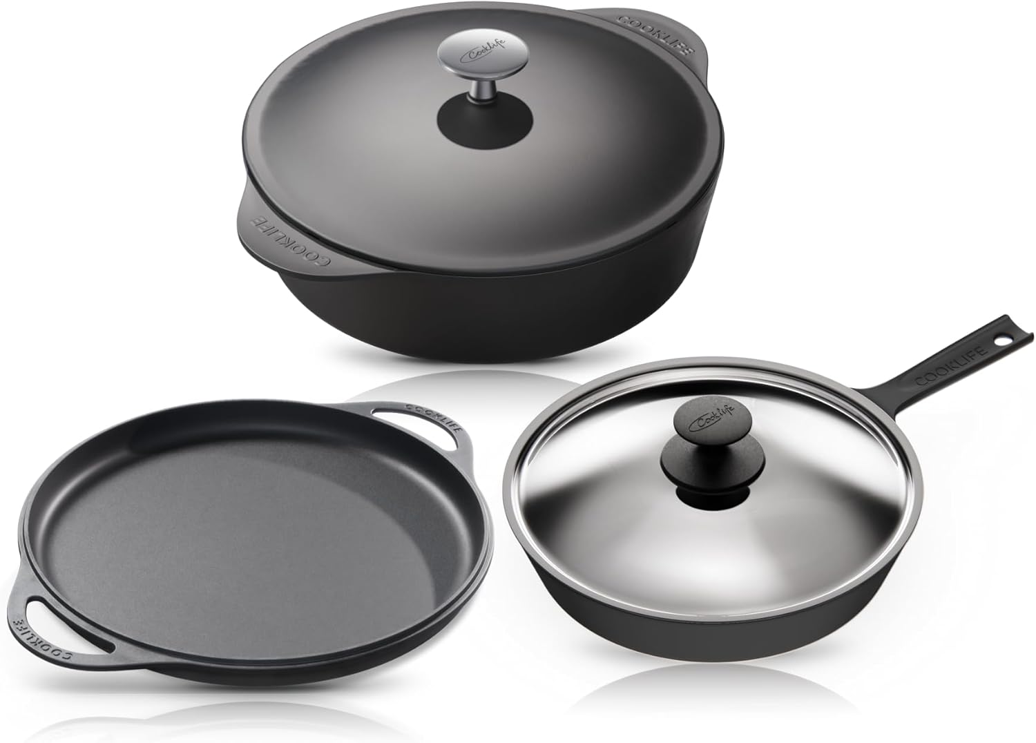 COOKLIFE 12 inch griddle + 10 inch skillet with lid + 5.5 qt dutch oven