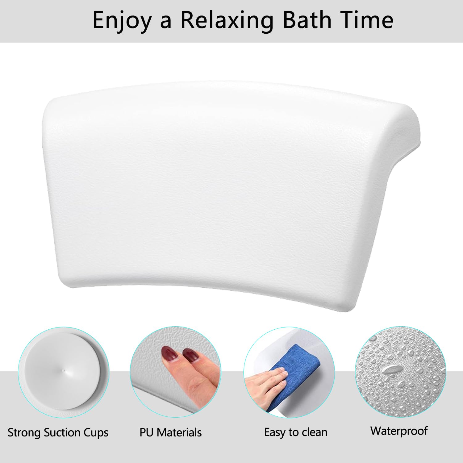 Cuscino per Vasca da Bagno con 2 Ventose Antiscivolo - Supporto Ergonomico Comodo per Idromassaggio, Relax in Spa e Bagno, Impermeabile e Lavabile - Bianco