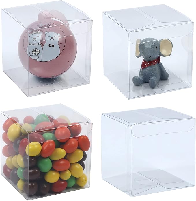 Gift Boxes, Clear Plastic Favor Box, 3x3x3 Inch, 50 Pack, Transparent, Small, Square