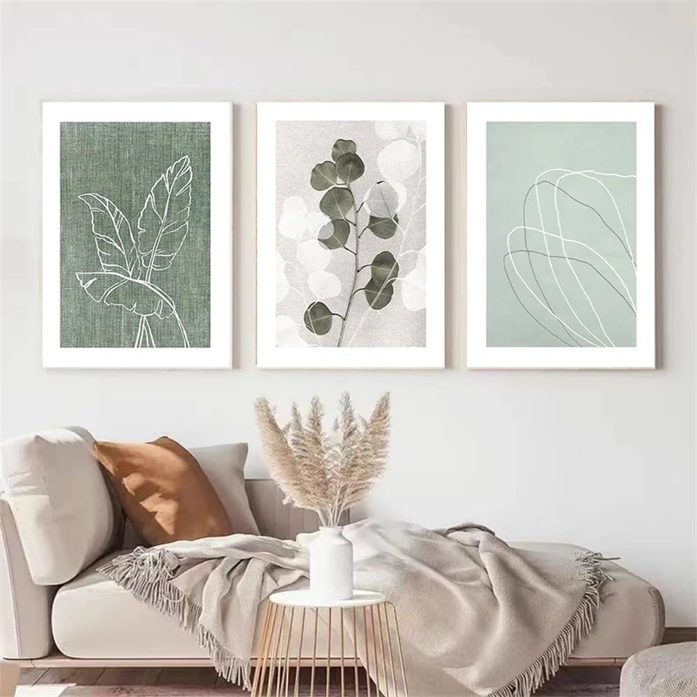 WUHBCZ Wall Posters-Art Canvas Painting Green Gray Abstract Nordic Poster Line Plant for Living Kitchen Office Room Decoration Painting Artwork-40 * 50cm/3PCS (No Frame)