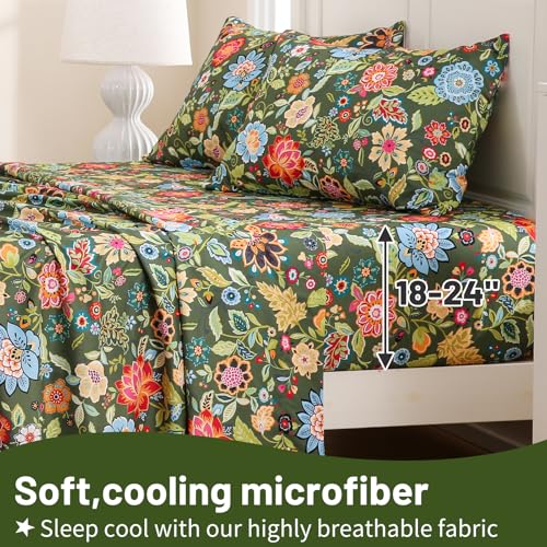 Image of Bedlifes Floral Pattern Bed Sheet Set Queen Size, 18-24 inch Extra Deep Pocket | Ultra Soft Microfiber, Breathable & Silky, OEKO-TEX Certified, Easy-Care Machine Washable, 4PCS, All-Season Spring Bedding