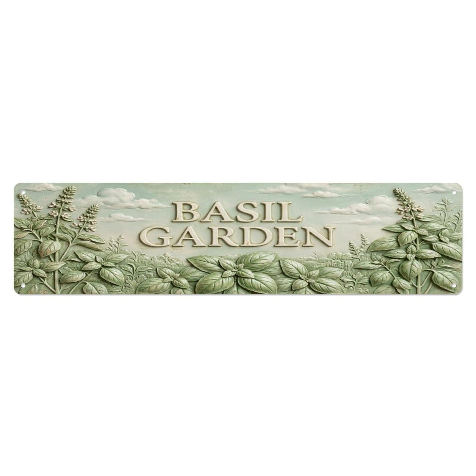 Olhnbad 4X16inch(10X40cm) Vintage Cottagecore Garden Basil Garden Relief Metal Tin Sign
