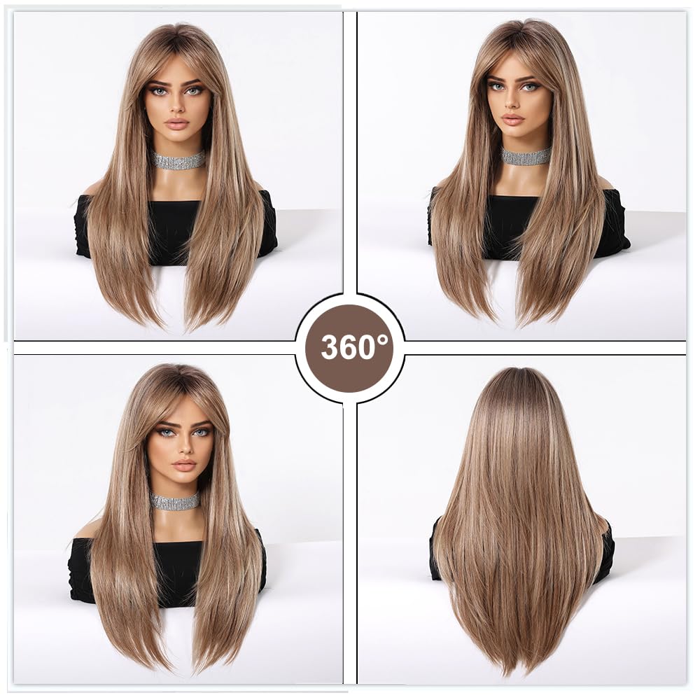 Esmee Długie Proste Popielate Blond Peruki Damskie Syntetyczne Włosy Naturalne Odporne na Temperaturę Peruka Ombre do Codziennego Użytku, na Imprezy i do Cosplayu