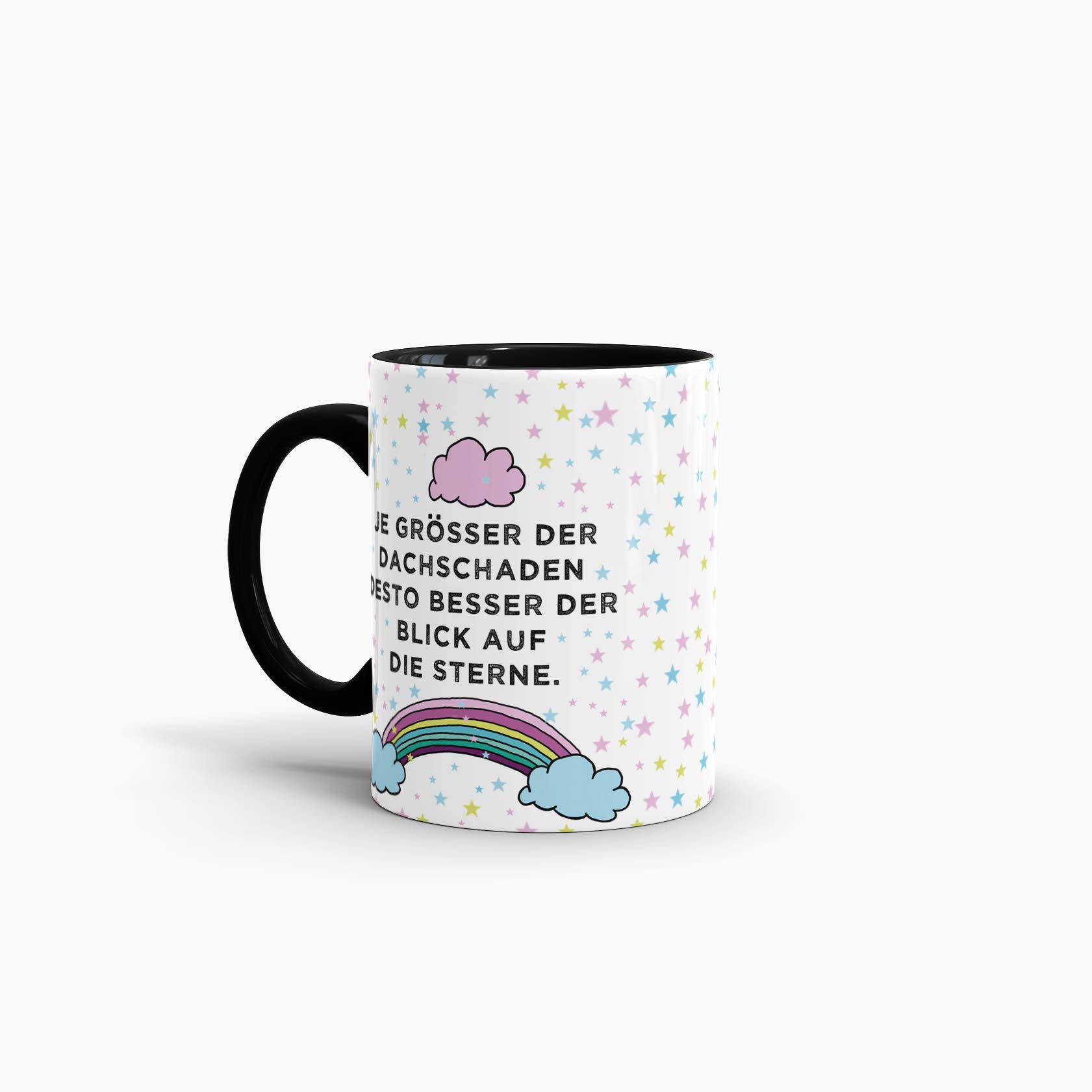 Moonworks Emaille Tasse Mit Spruch 'Je Größer Der Dachschaden, Desto Besser Der Blick Auf Die Sterne' – 300 Ml, Weiß-schwarz