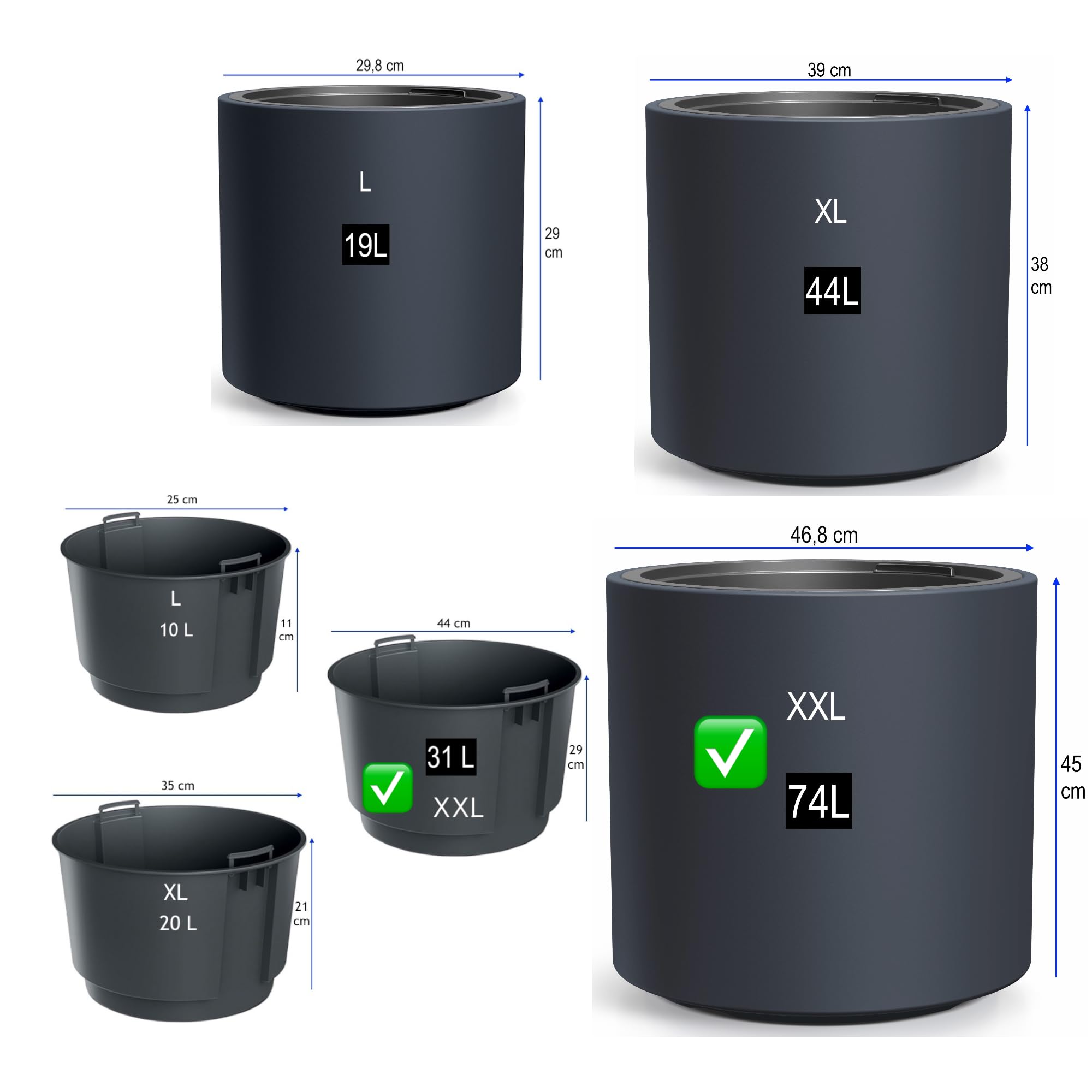 MELTOM Pot de fleurs avec insert et système d'irrigation, rond et moderne, résistant au gel et aux UV, en plastique, pour l'intérieur et l'extérieur, anthracite, taille XXL